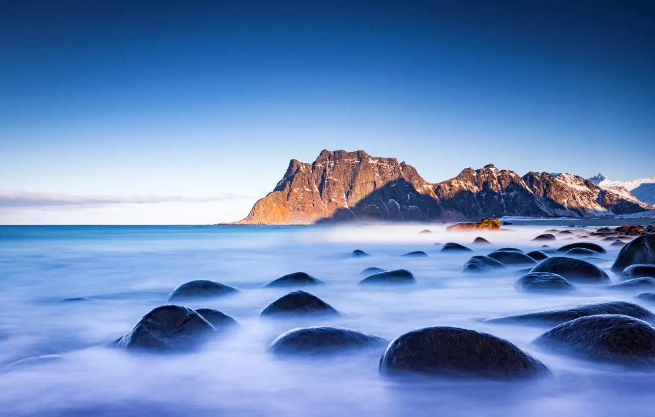 Photo wallpaper sea, the sky, mountains, blue, stones, rocks, boulders