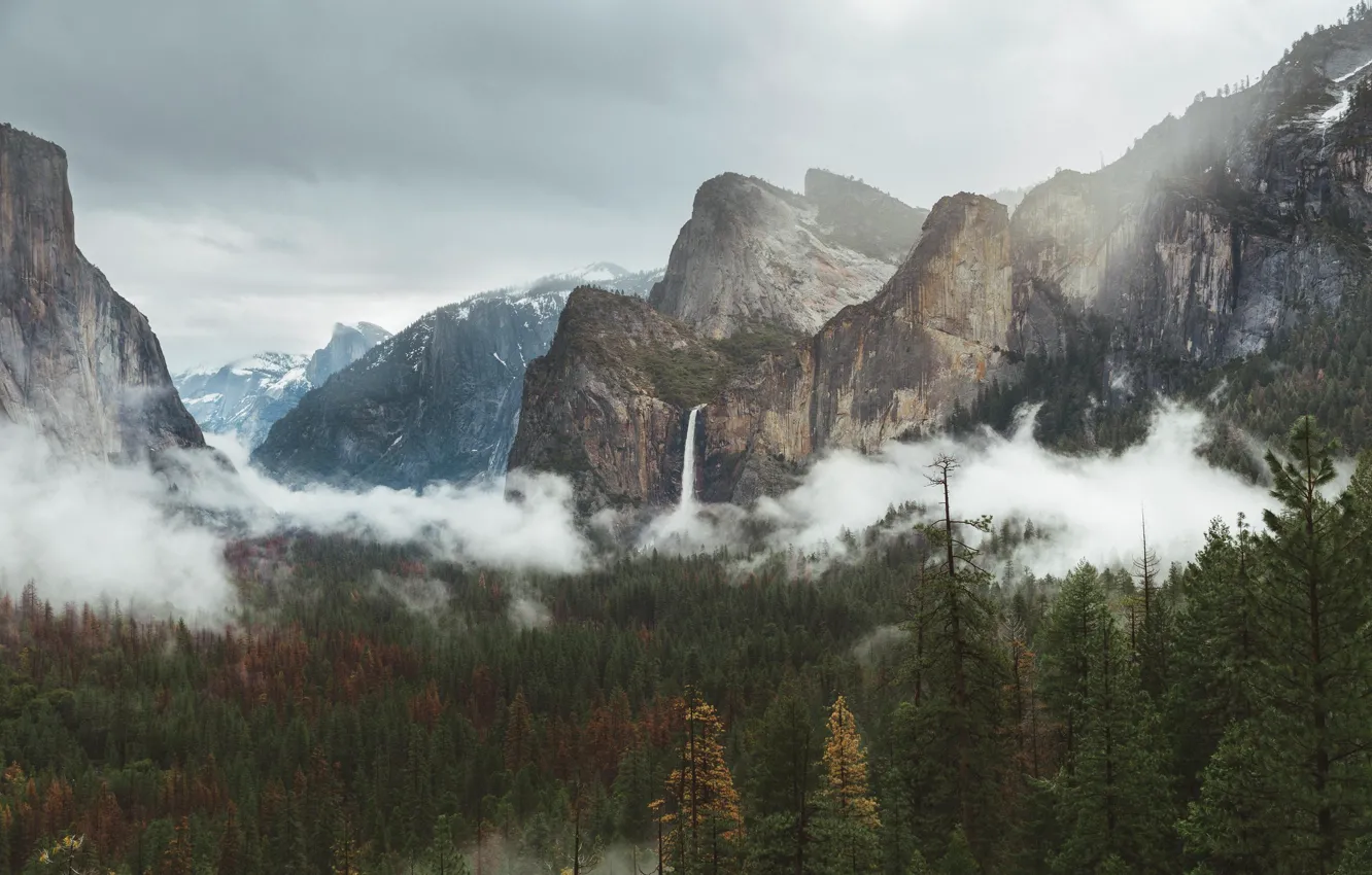 Photo wallpaper the sky, clouds, trees, mountains, nature, rocks, waterfall, morning