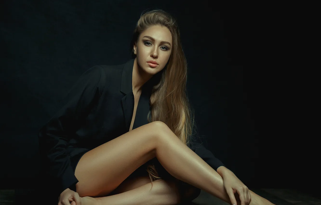 Photo wallpaper look, girl, pose, feet, Board, jacket, long hair, on the floor