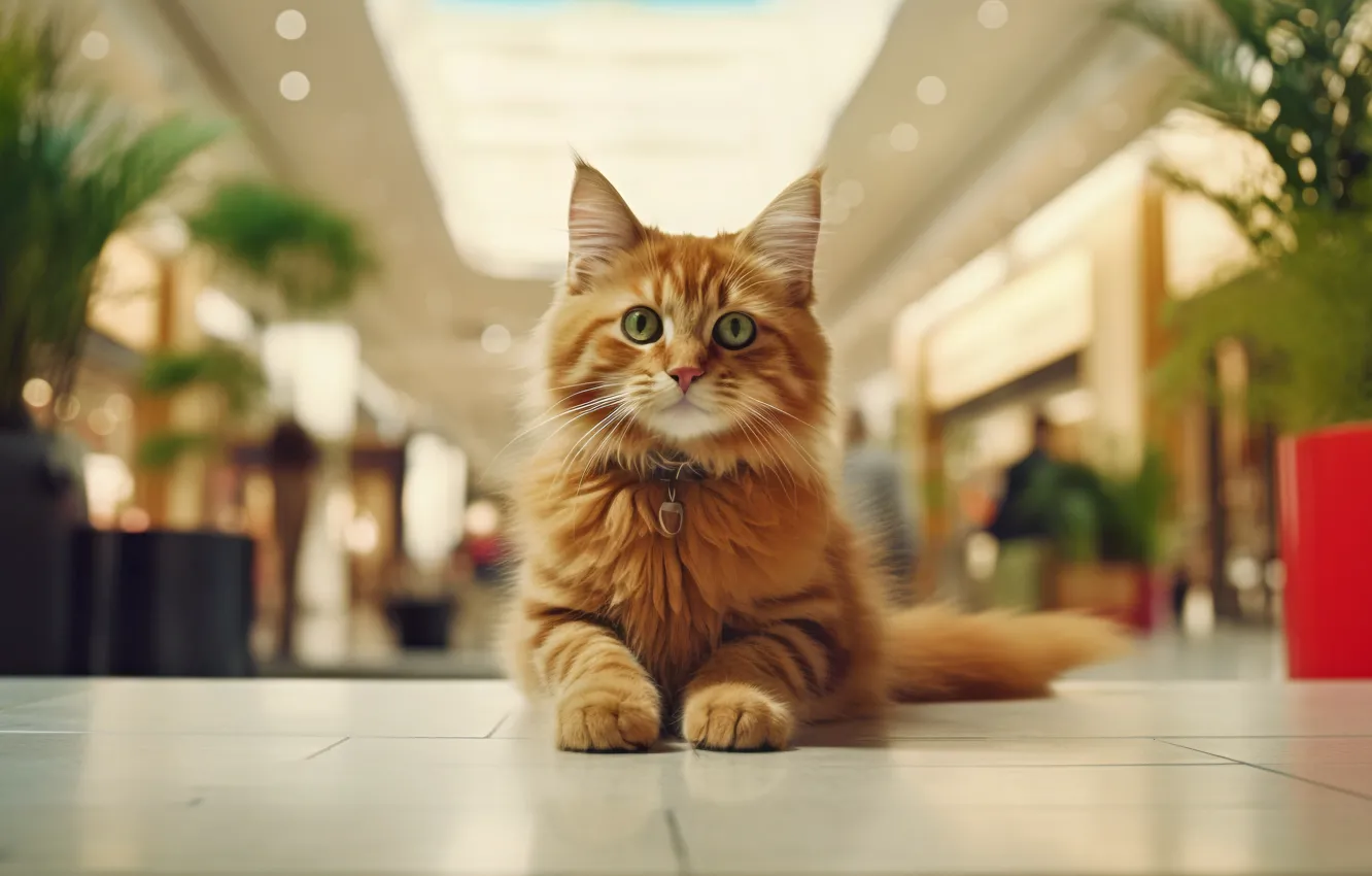 Photo wallpaper cat, look, pose, tile, plant, the ceiling, floor, lies