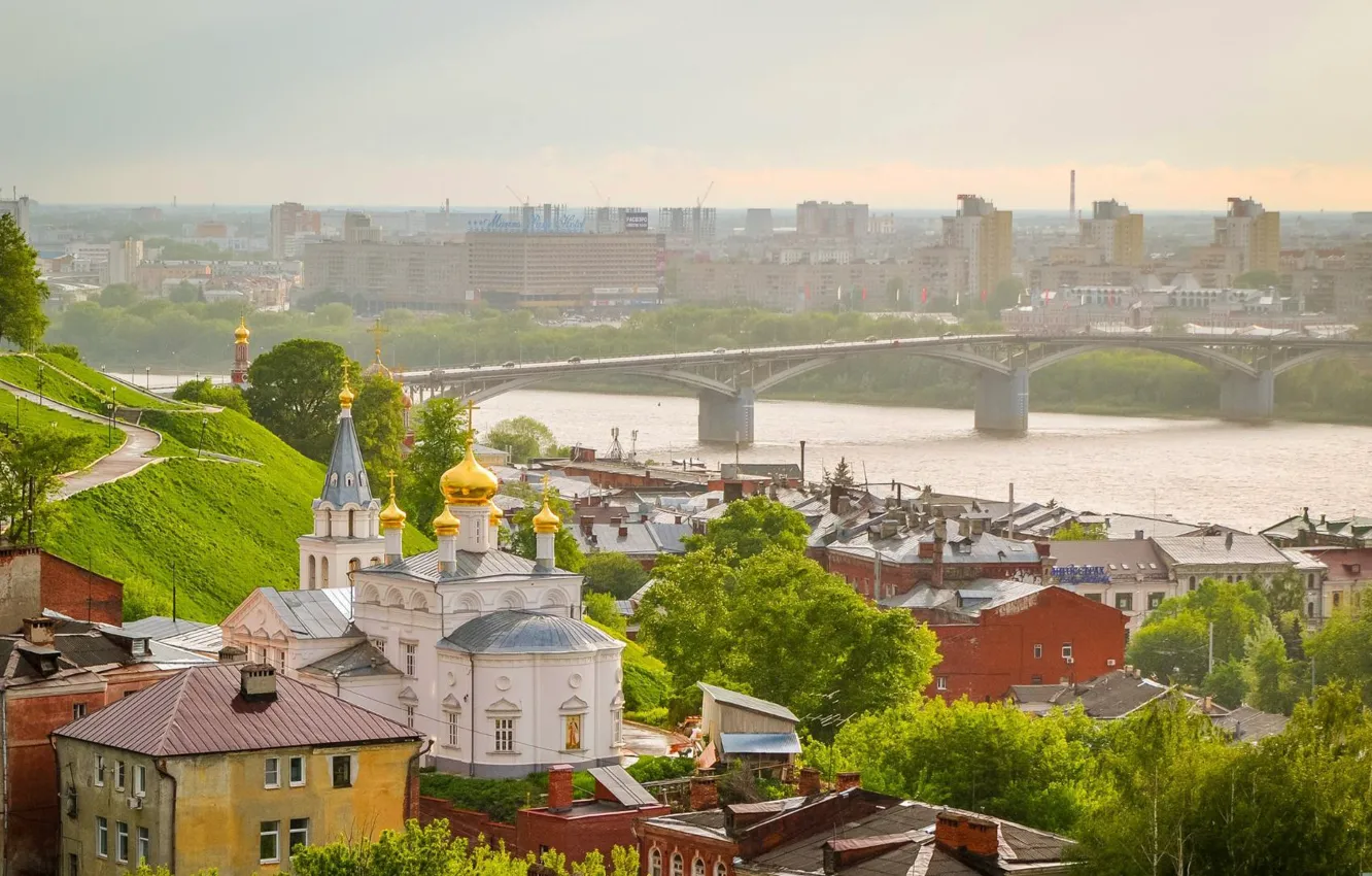 Photo wallpaper bridge, nature, the city, river, view, Church, Russia, Nizhny Novgorod