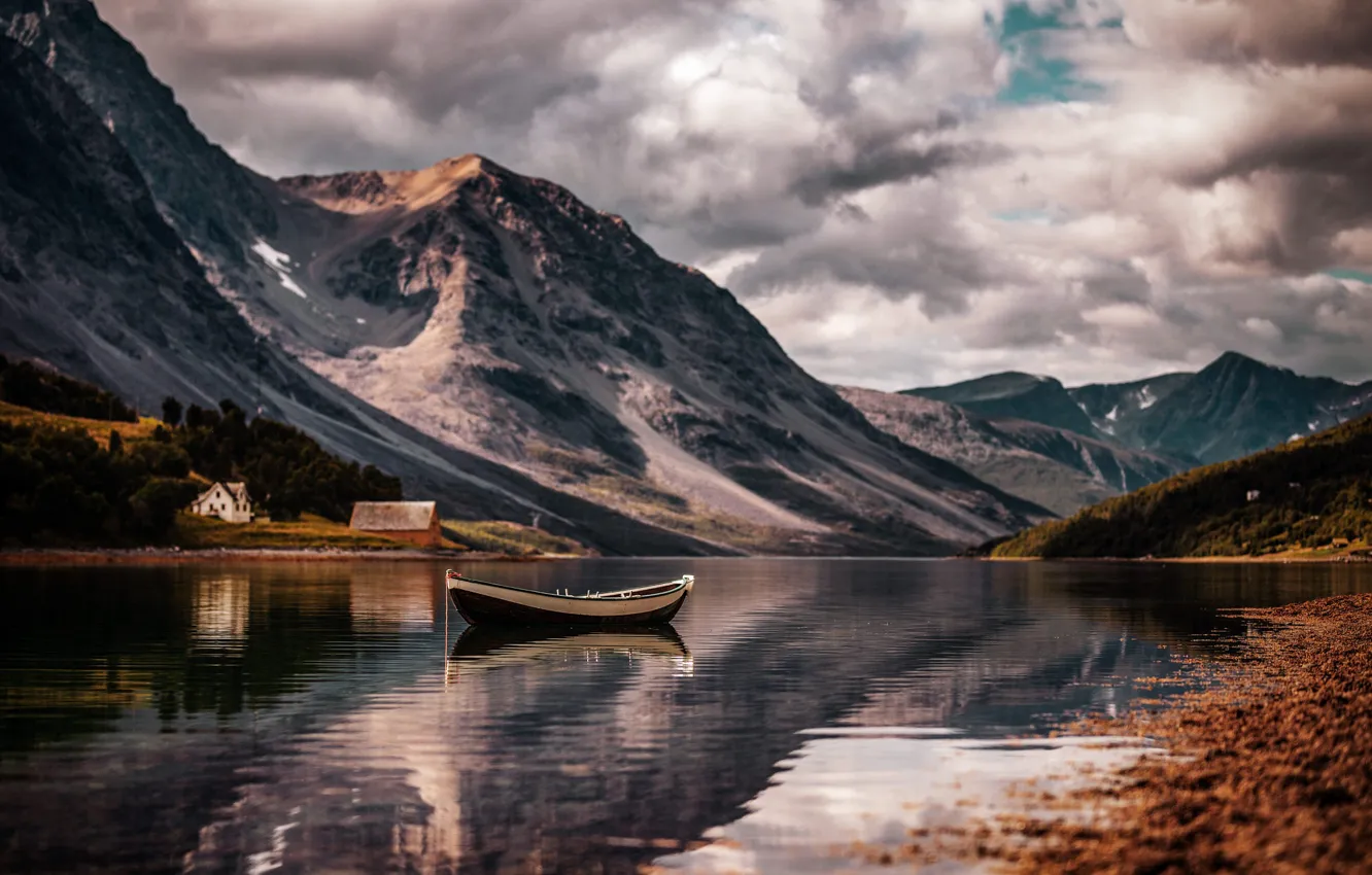 Photo wallpaper landscape, mountains, clouds, nature, lake, boat, home, Norway