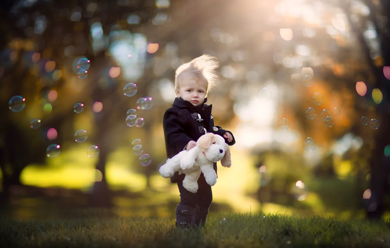 Photo wallpaper autumn, bubbles, toy, boy, bokeh