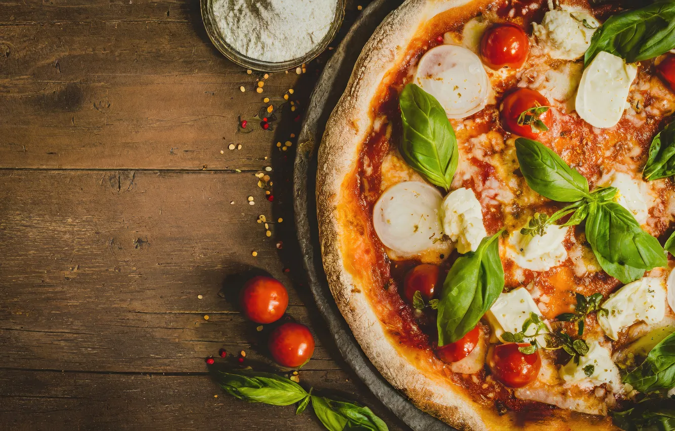 Photo wallpaper greens, leaves, table, Board, food, cheese, vegetables, pizza