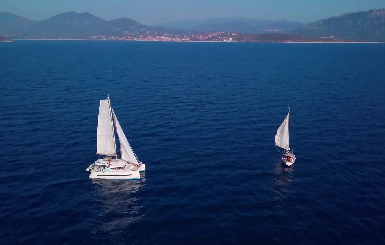 Photo wallpaper coast, boat, yacht, catamaran, blue sea, the, sea romance, sailing trip