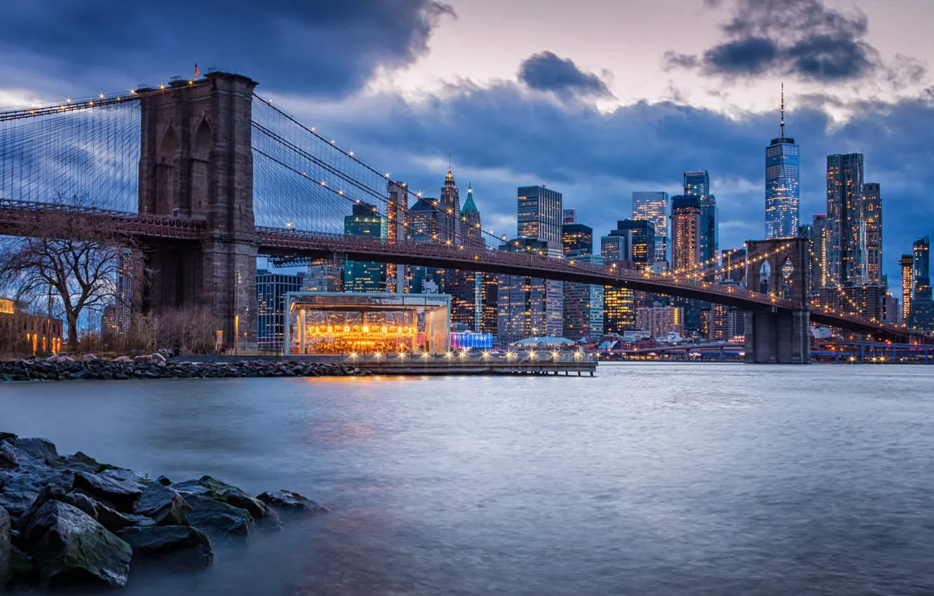 Photo wallpaper bridge, the city, building, home, New York, the evening, Brooklyn, lighting
