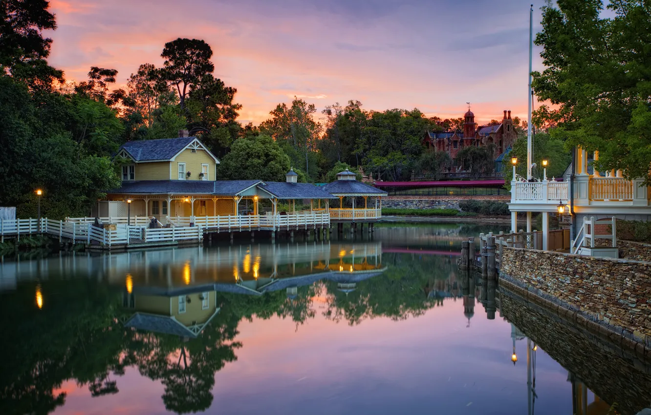 Photo wallpaper sunset, HDR, CA, USA, Disneyland, a house on the water, Anaheim