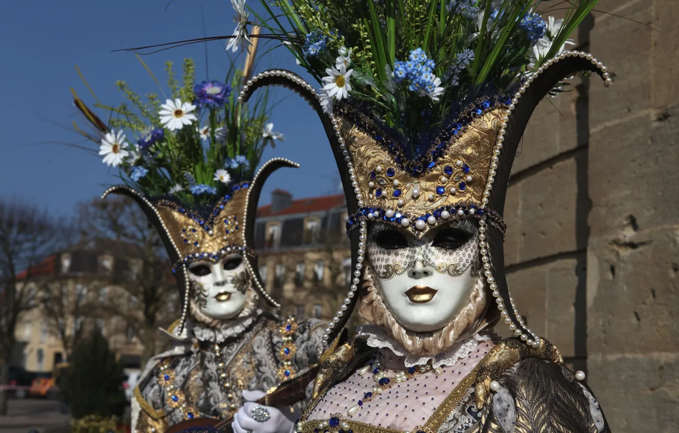Photo wallpaper flowers, mask, pair, costume, Venice, carnival
