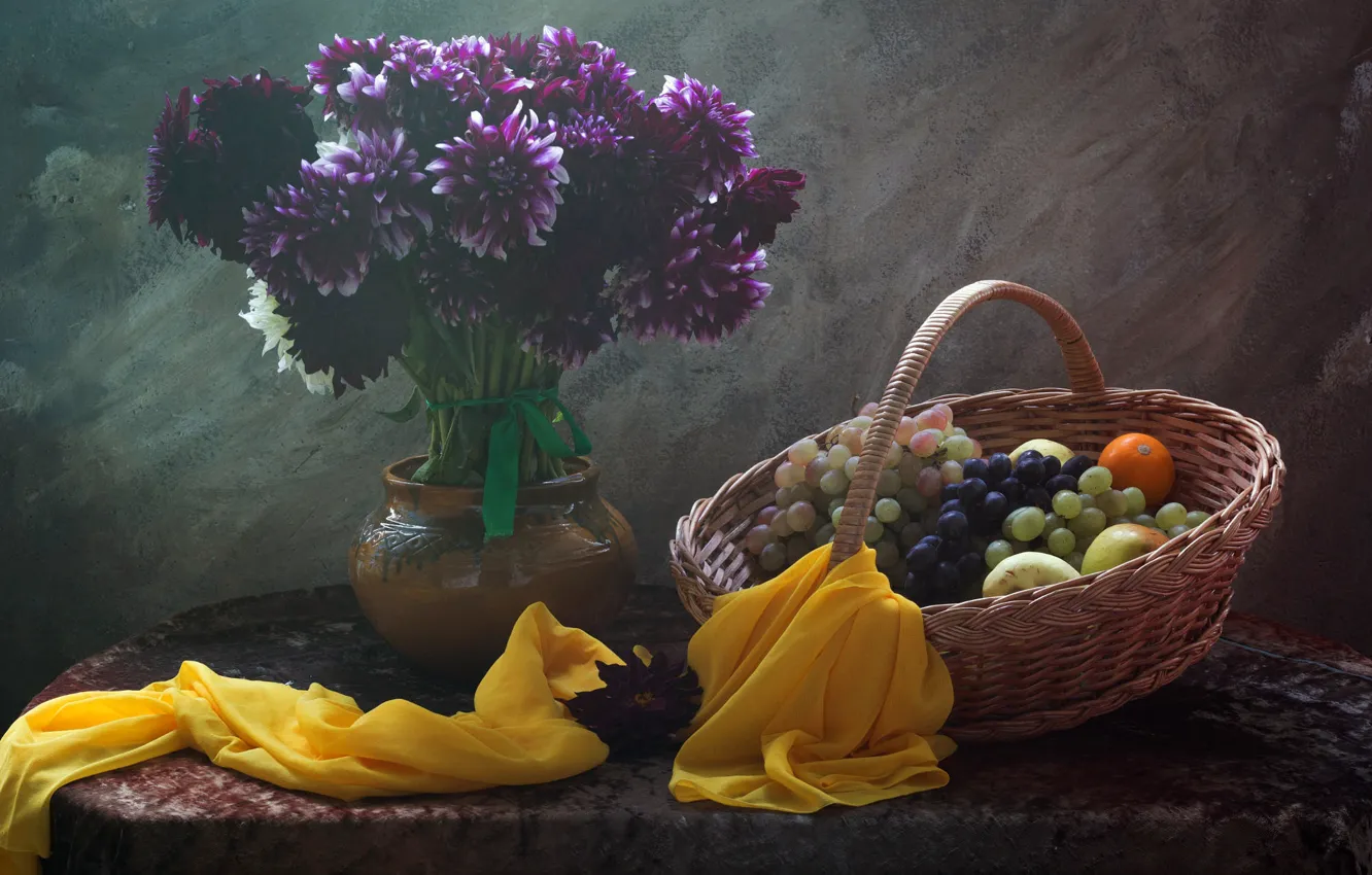 Photo wallpaper purple, light, flowers, blue, green, table, background, bouquet