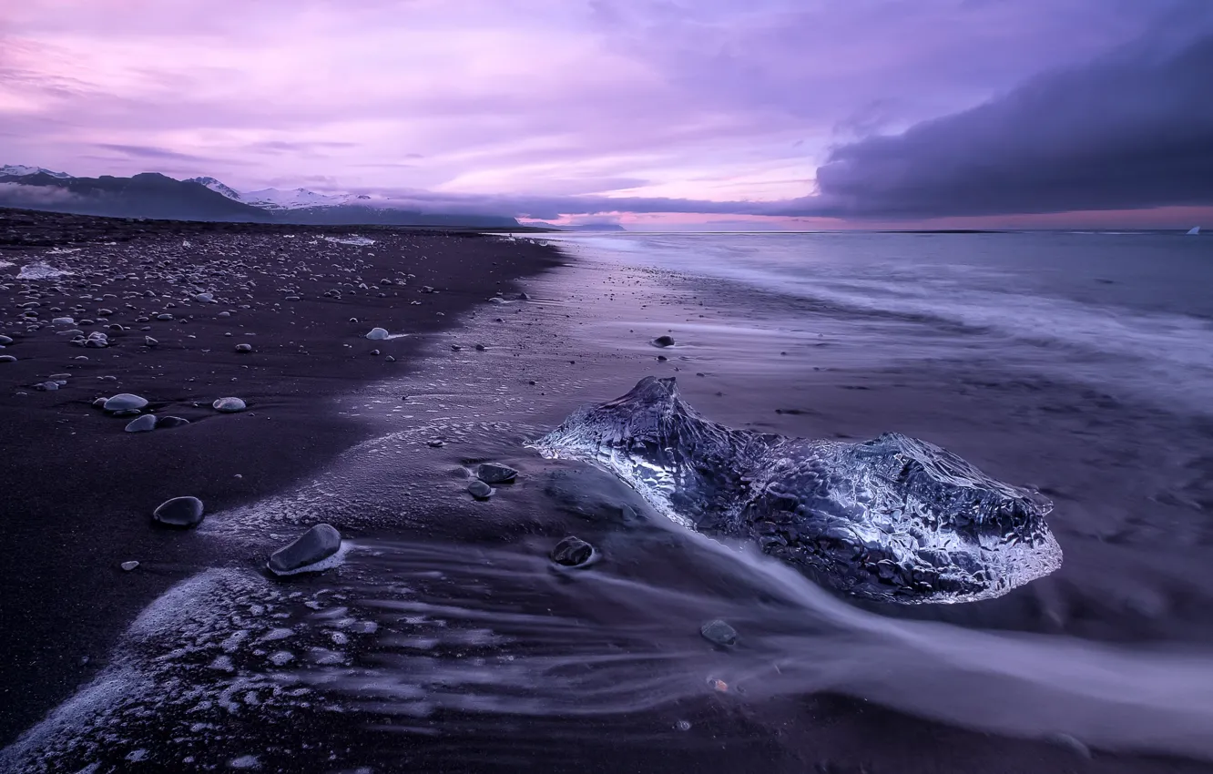 Photo wallpaper sea, sunset, shore, ice