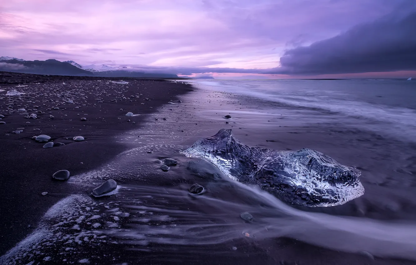 Photo wallpaper ice, sea, sunset, shore