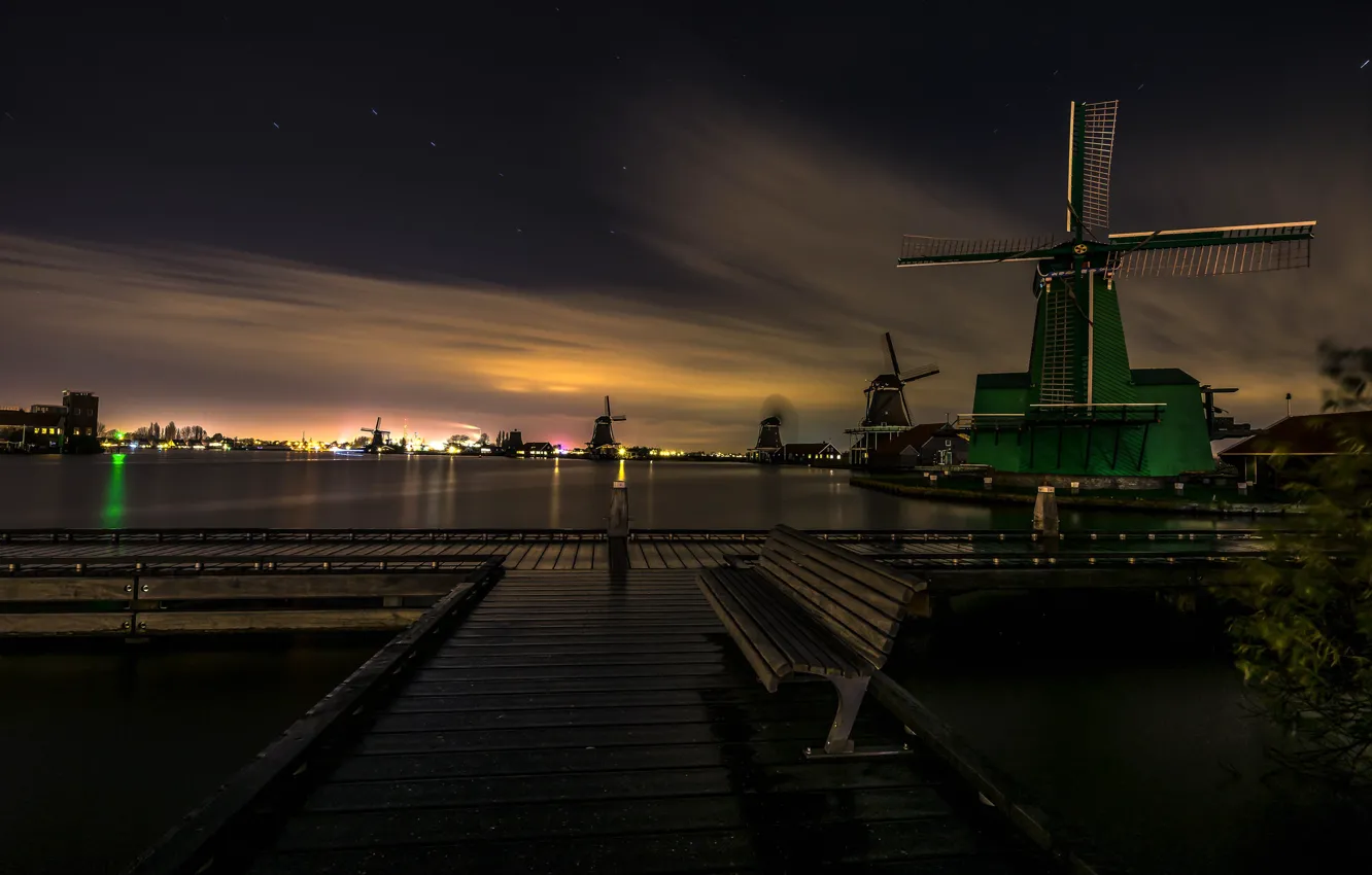 Photo wallpaper night, channel, Netherlands, bench, windmill, The Zaanse Schans