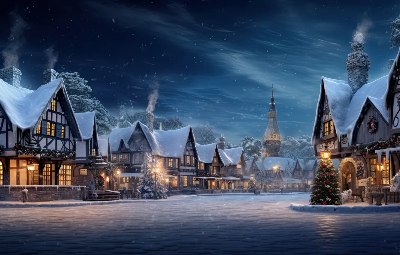 Photo wallpaper winter, snow, decoration, night, the city, lights, street, tree