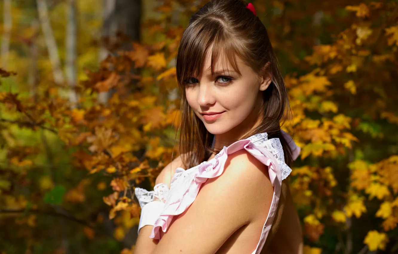 Photo wallpaper autumn, forest, look, girl, trees, freshness, branches, smile