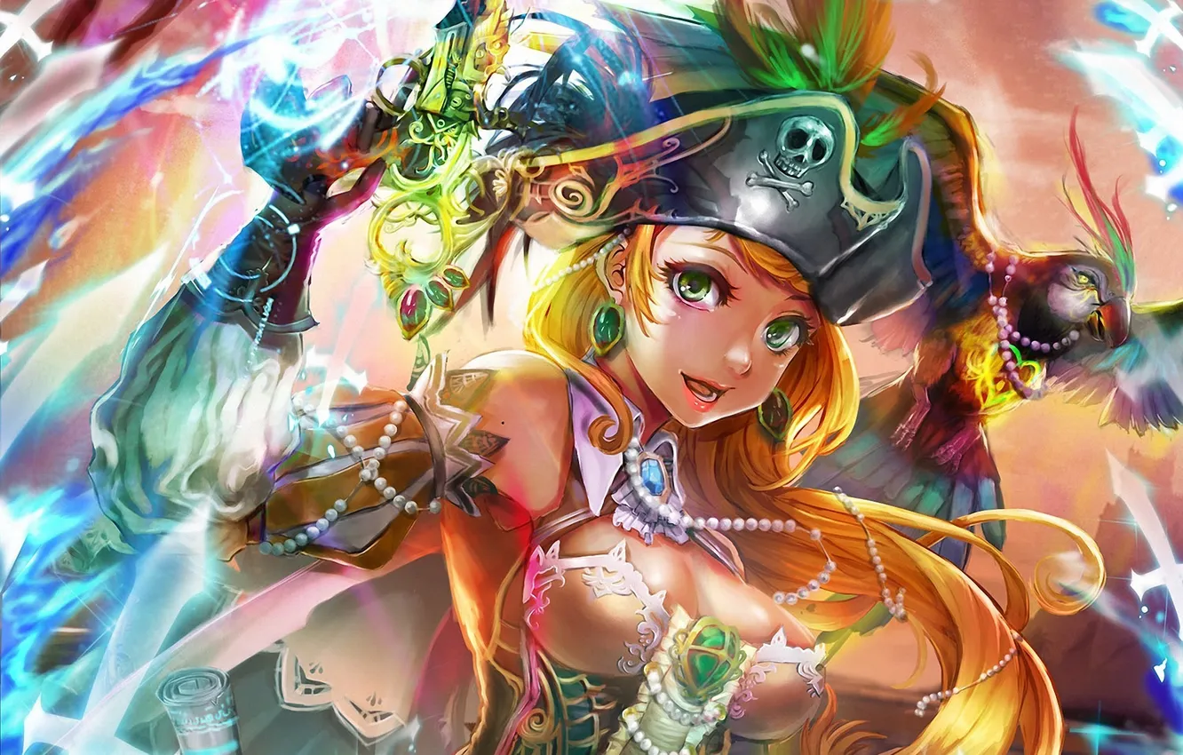 Photo wallpaper girl, decoration, skull, hat, earrings, art, parrot, beads