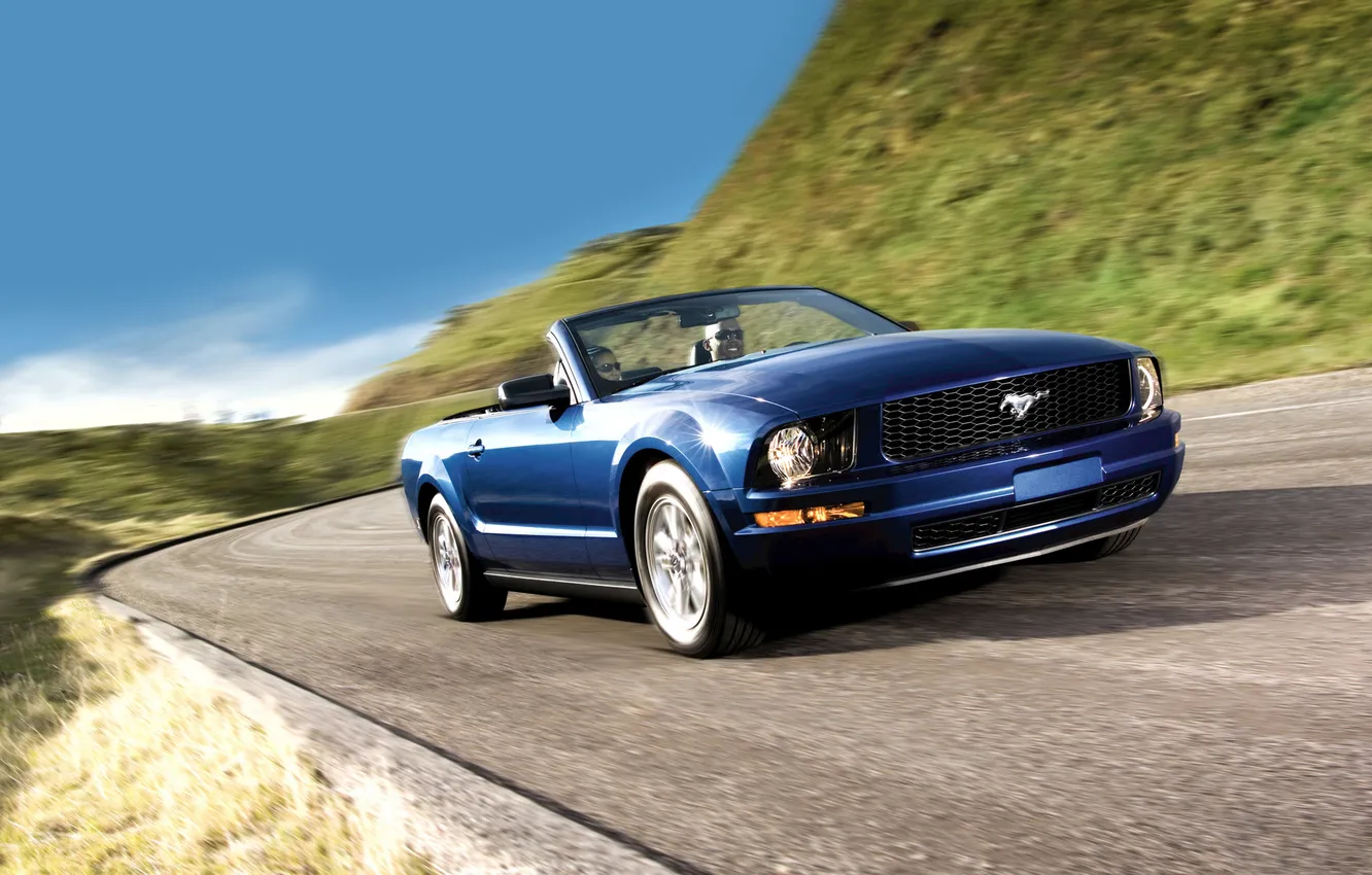 Photo wallpaper road, the sky, blue, Mustang, Ford, Mustang, convertible, muscle car