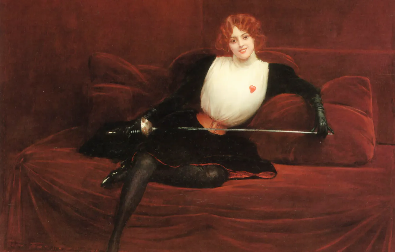 Photo wallpaper girl, smile, picture, sword