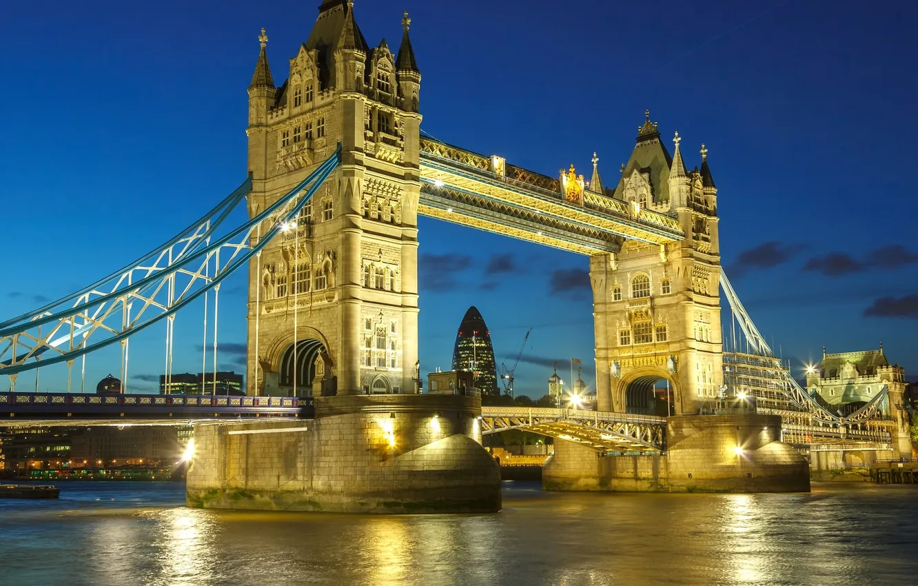 Photo wallpaper the sky, bridge, lights, river, London, the evening