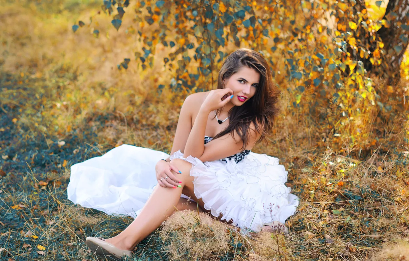 Photo wallpaper autumn, grass, look, leaves, girl, branches, nature, pose