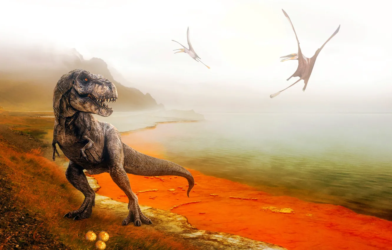 Photo wallpaper fog, river, animal, eggs, dinosaur, Raptor, Tyrannosaurus, Tyrannosaurus Rex