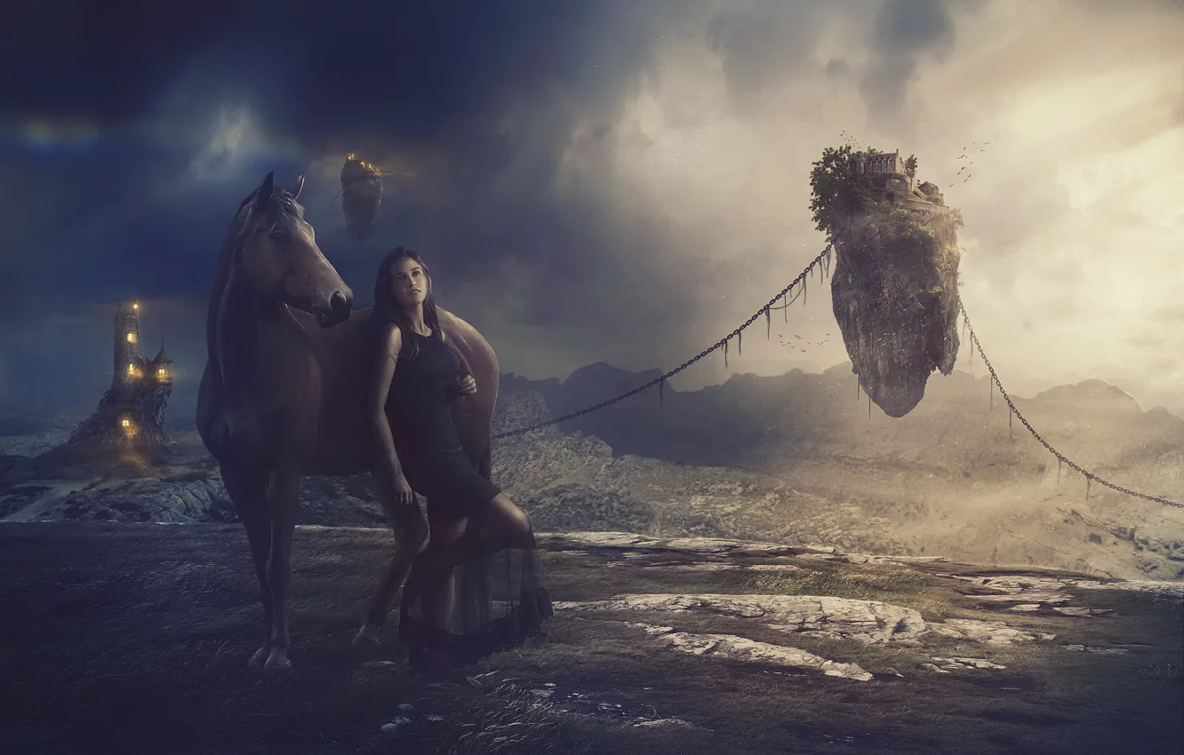 Photo wallpaper grass, girl, mountains, clouds, castle, horse, chain, space