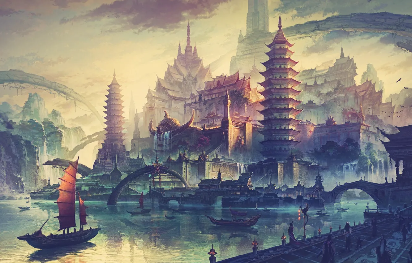 Photo wallpaper sunset, bridge, the city, river, dawn, Asia, ship, home