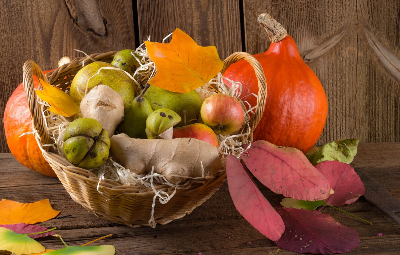 Photo wallpaper leaves, basket, apples, fruit, pear, the gifts of autumn