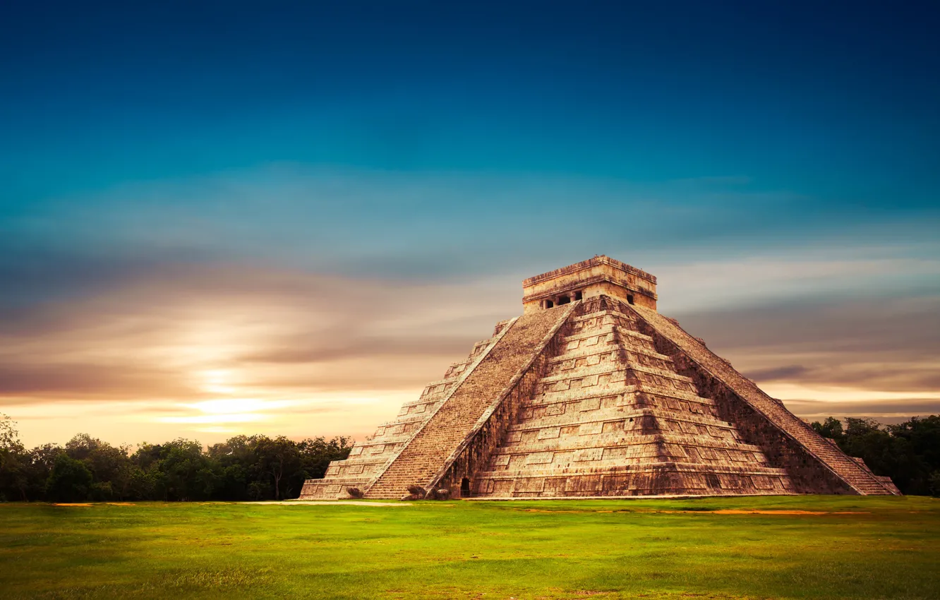 Photo wallpaper field, the sky, grass, trees, sunset, Mexico, temple, Kukulkan