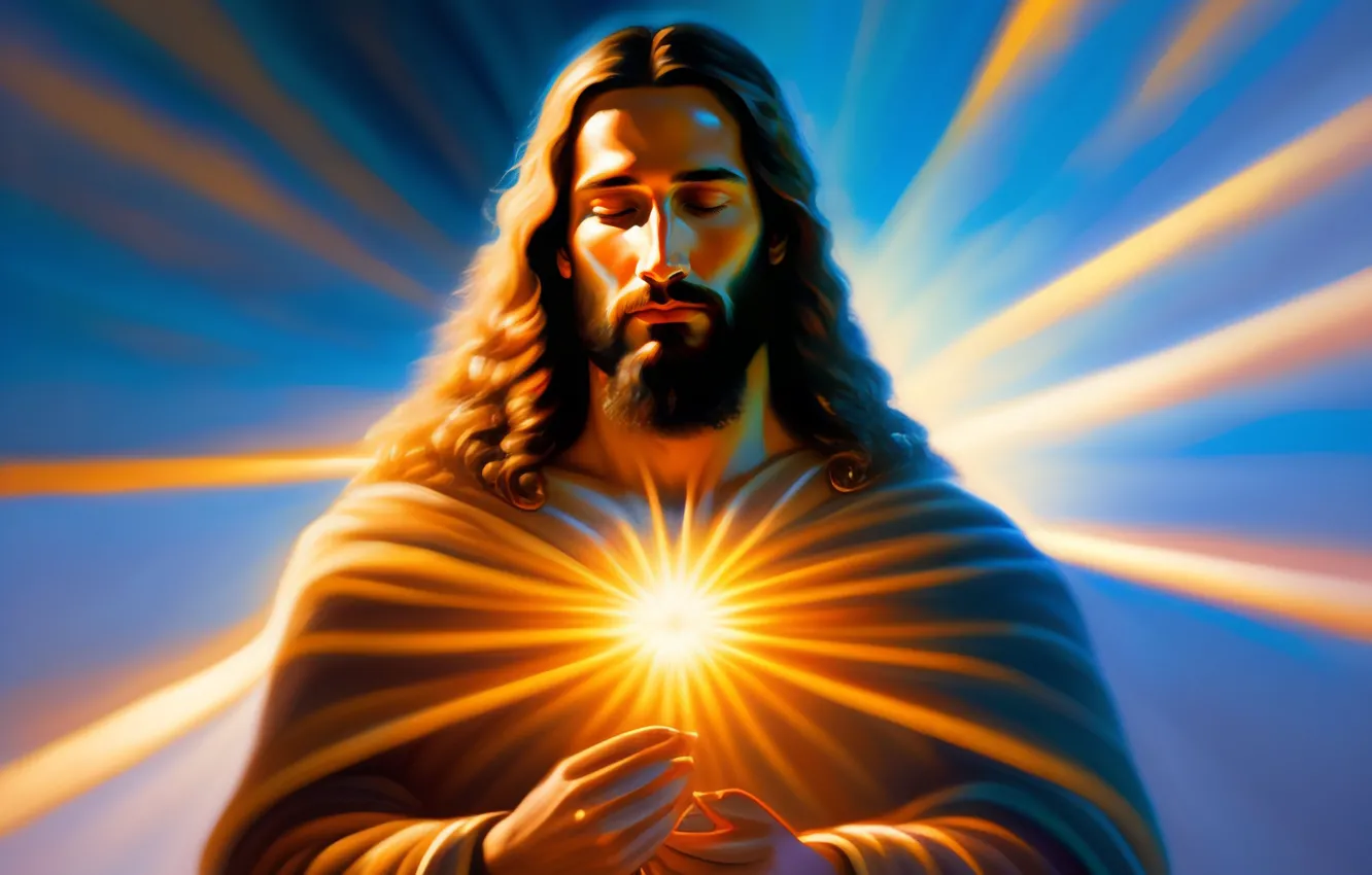 Photo wallpaper look, Jesus, hair, male, religion, blue background, Jesus Christ, digital art