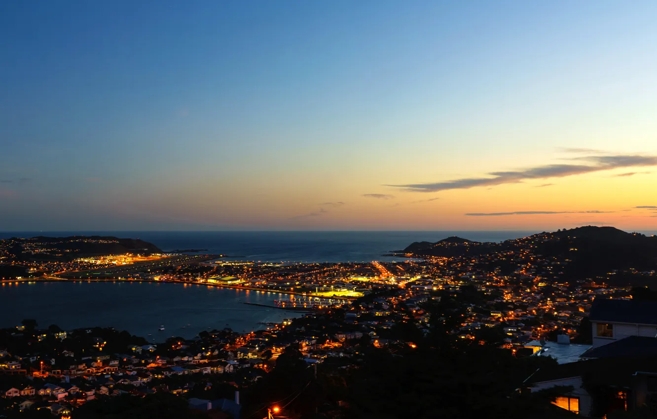 Photo wallpaper sea, night, lights, coast, home, New Zealand, panorama, Wellington