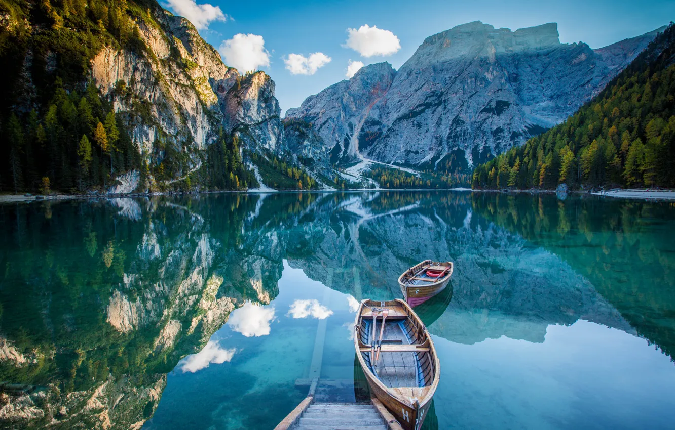 Photo wallpaper mountains, lake, reflection, boats, mirror, deck