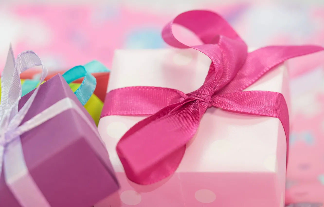 Photo wallpaper pink, holiday, box, gift, tape, gifts, bows, bow