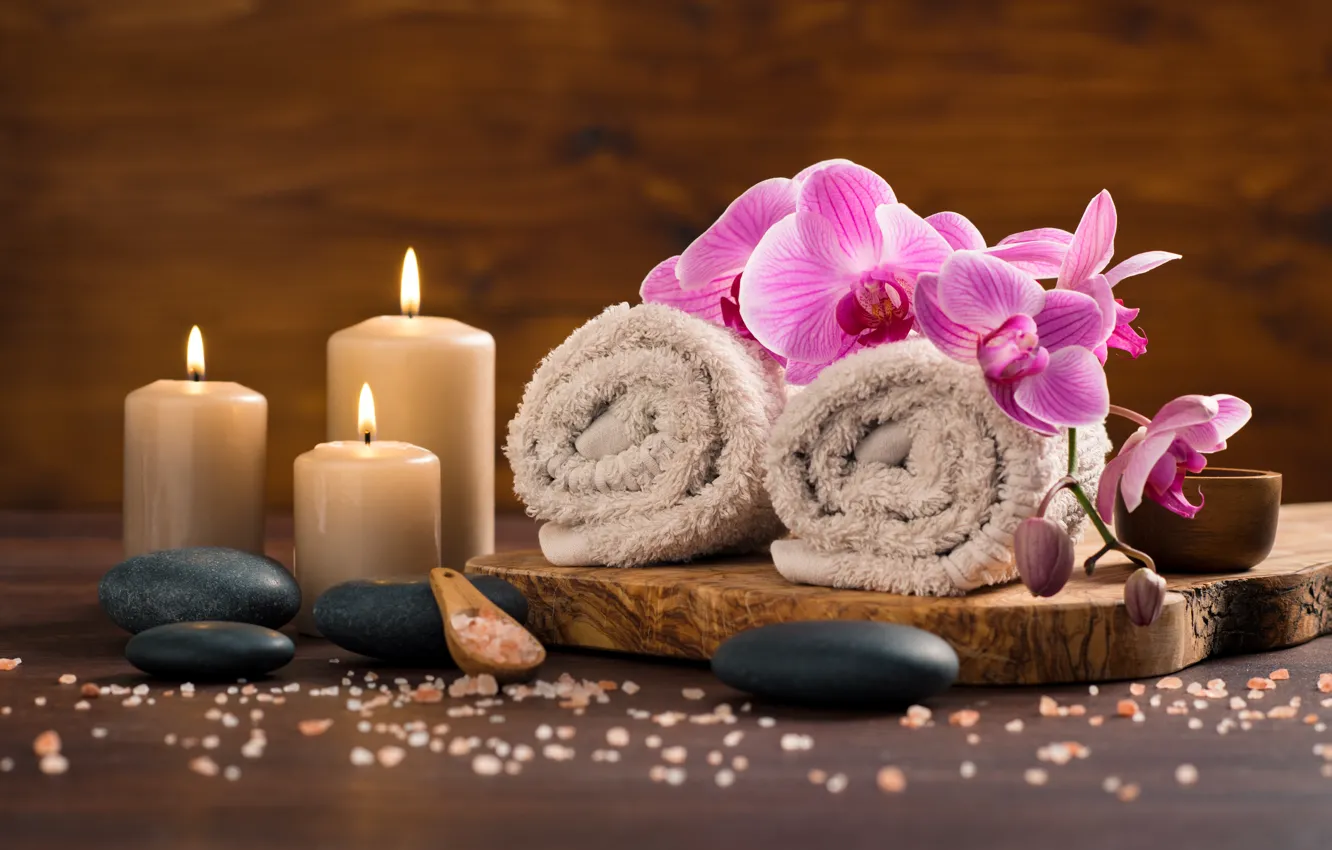 Photo wallpaper flowers, towel, candles, Spa