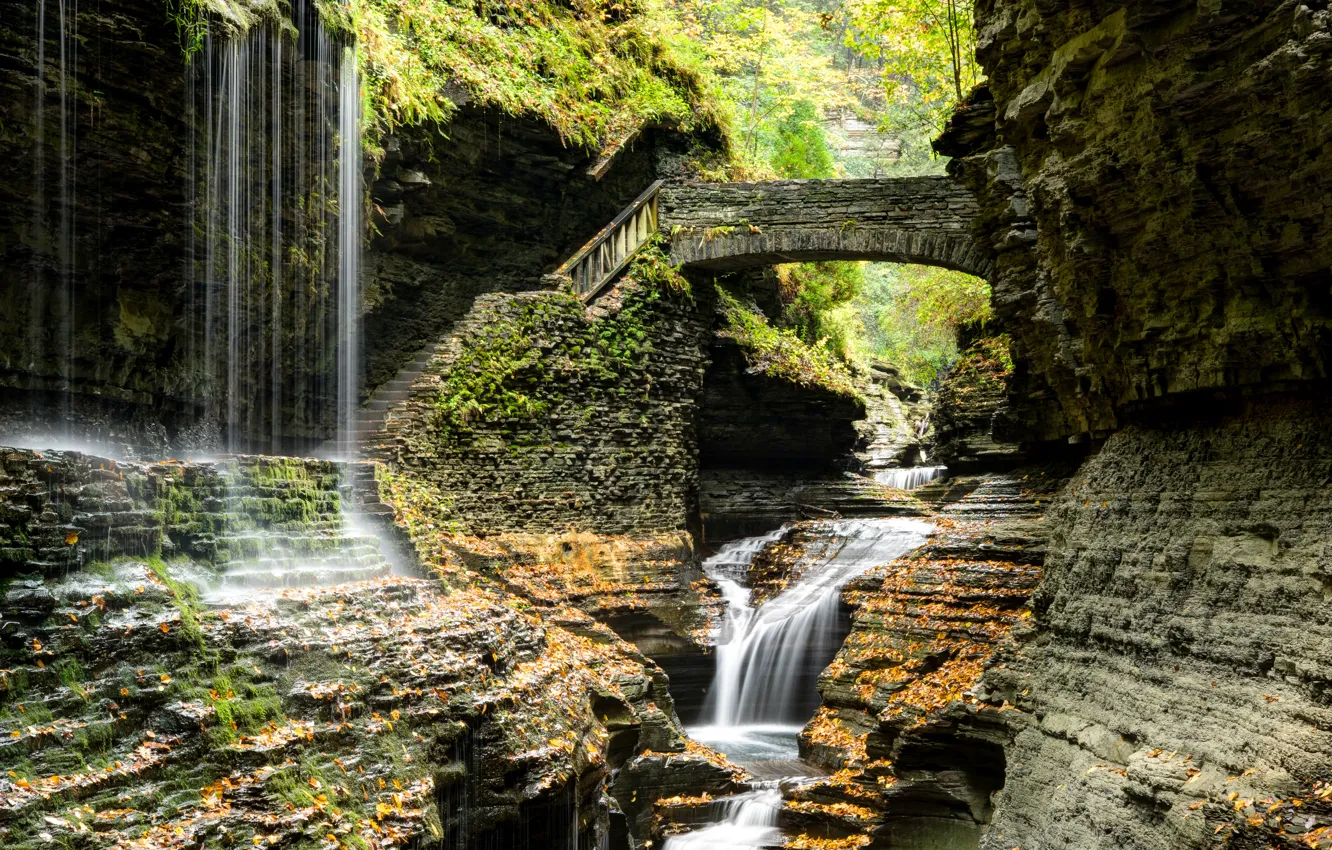 Photo wallpaper bridge, stream, stones, rocks, waterfall, New York, ladder, steps