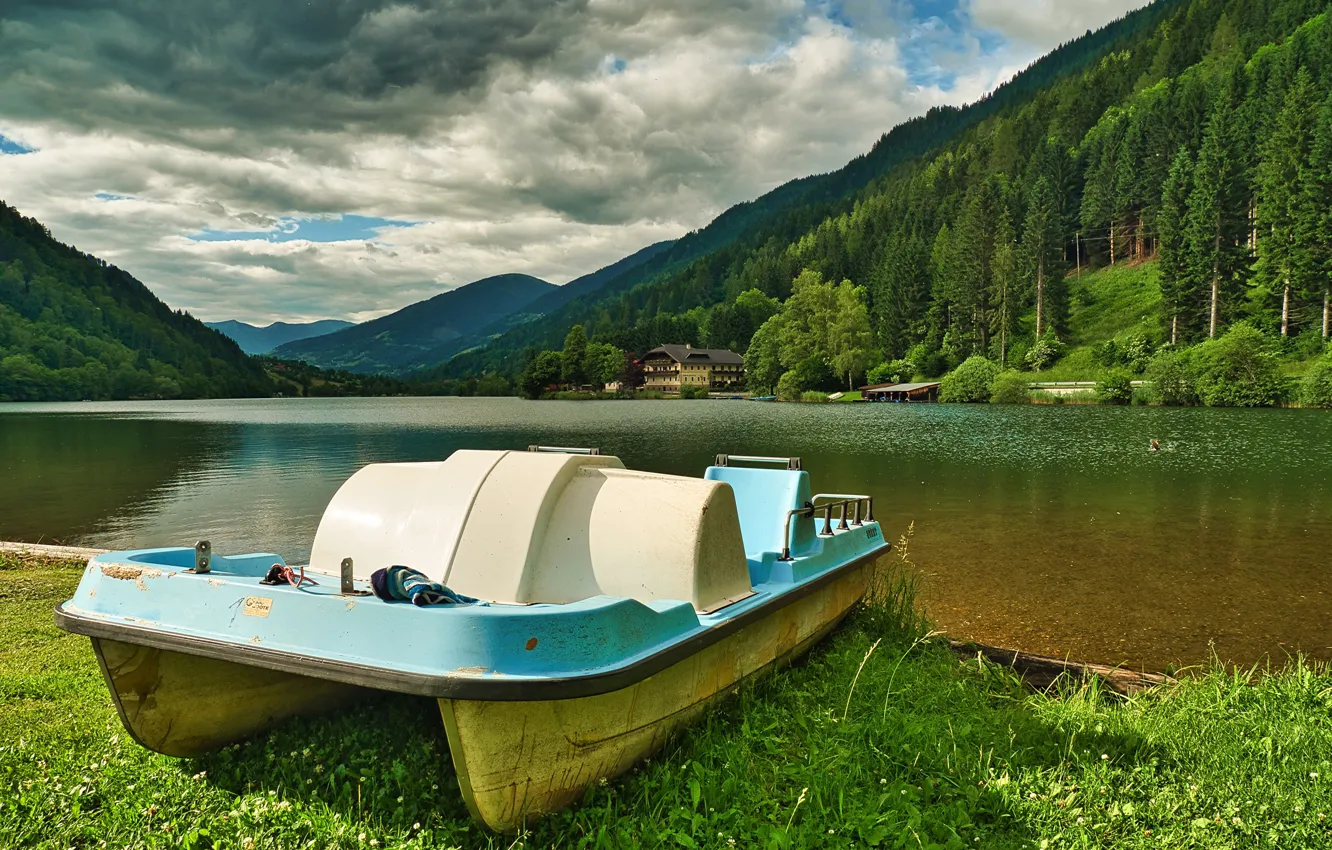 Photo wallpaper photo, Nature, Mountains, Lake, Austria, Forest, Carinthia, small catamaran