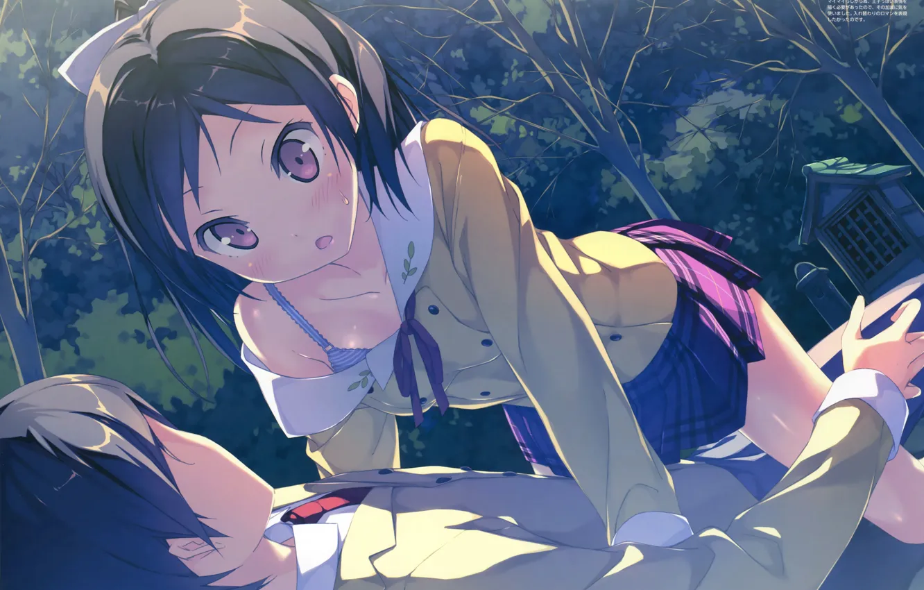 Photo wallpaper in the Park, embarrassment, lying on her back, school uniform, awkward, Hentai Ouji to Warawanai …