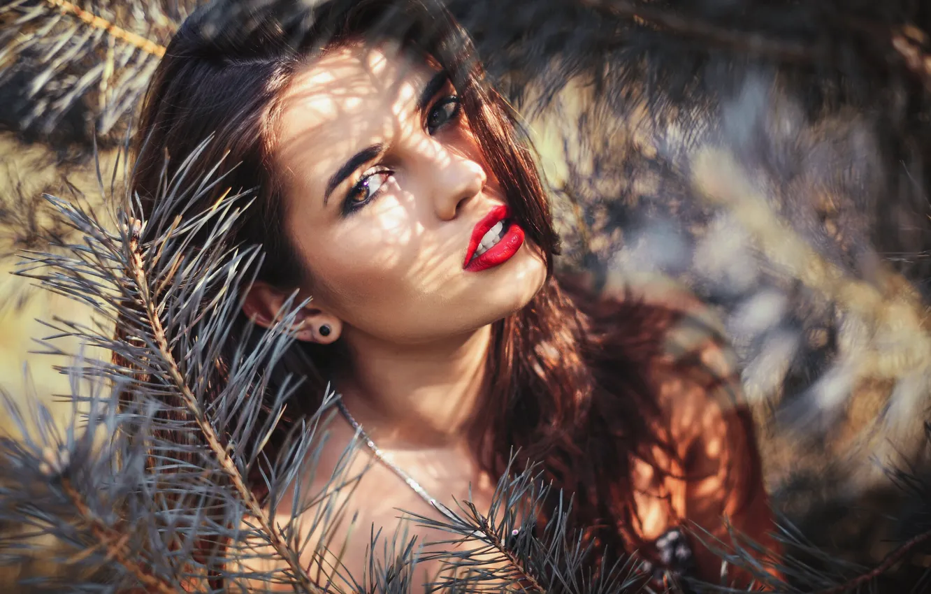Photo wallpaper look, girl, light, branches, nature, face, pose, portrait