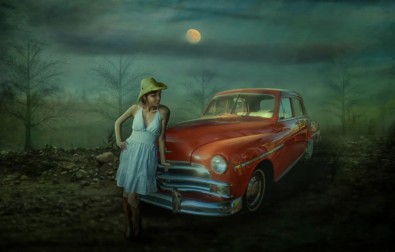 Photo wallpaper machine, auto, girl, trees, night, the moon, photoshop