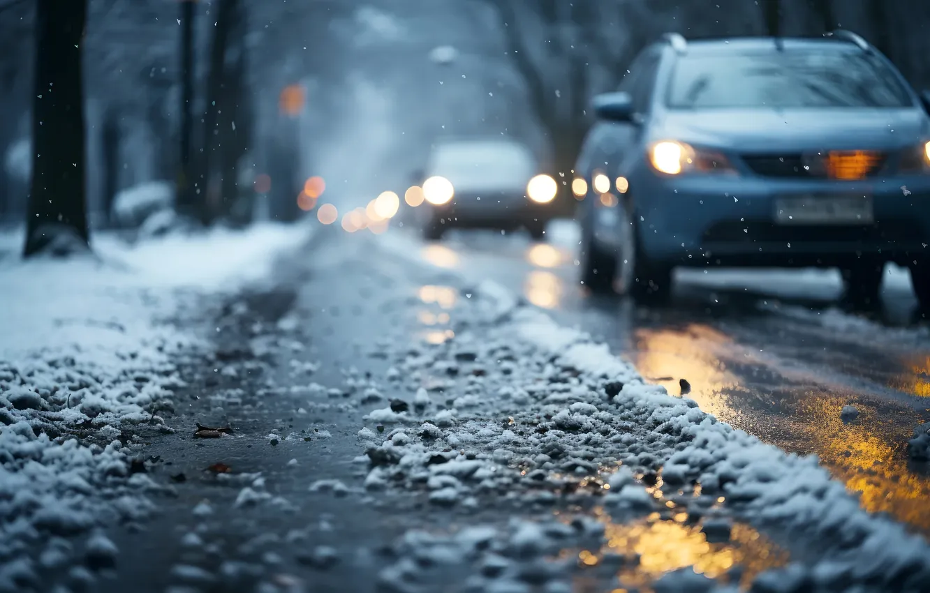 Photo wallpaper winter, road, snow, street, car, the asvaltu