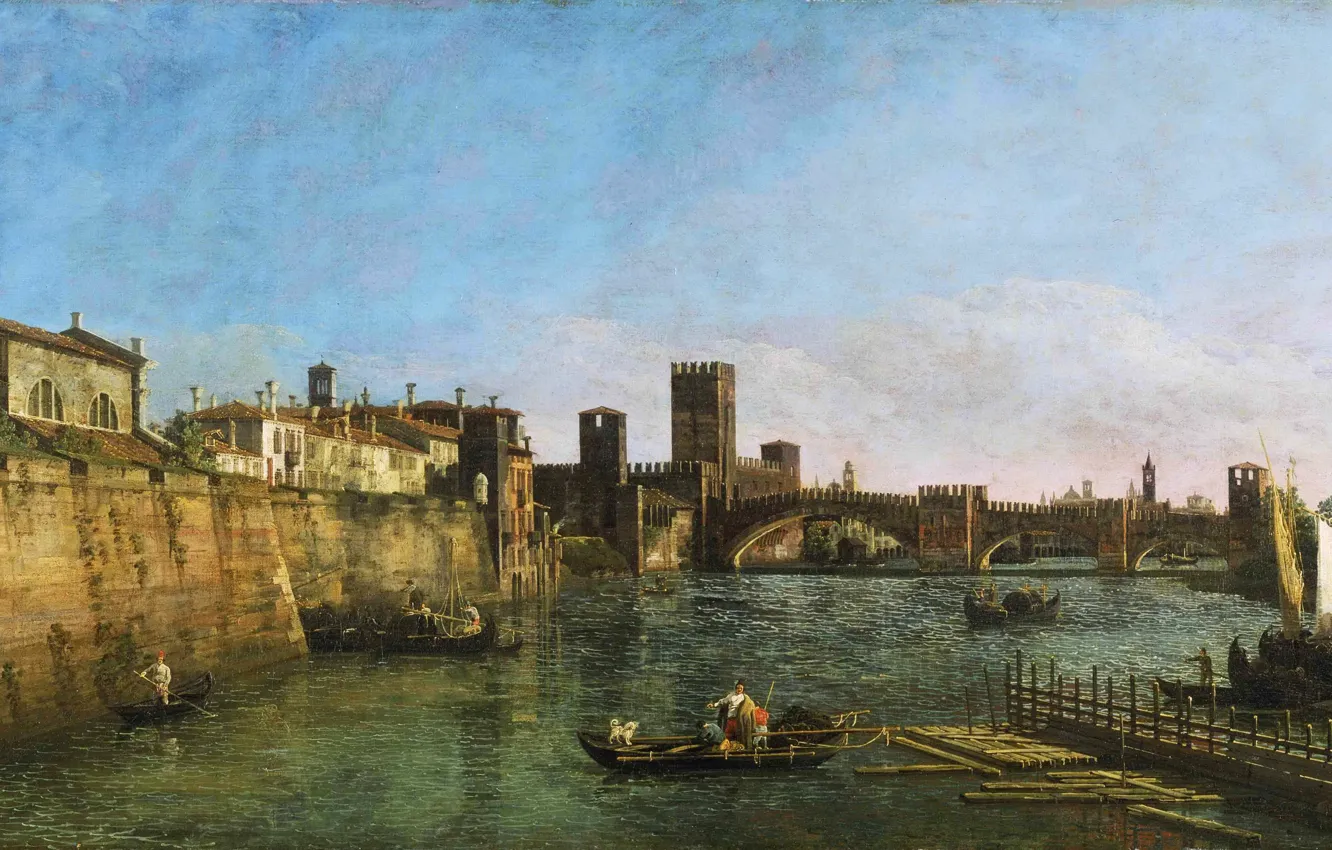 Photo wallpaper sea, the sky, bridge, the city, river, wall, boat, people