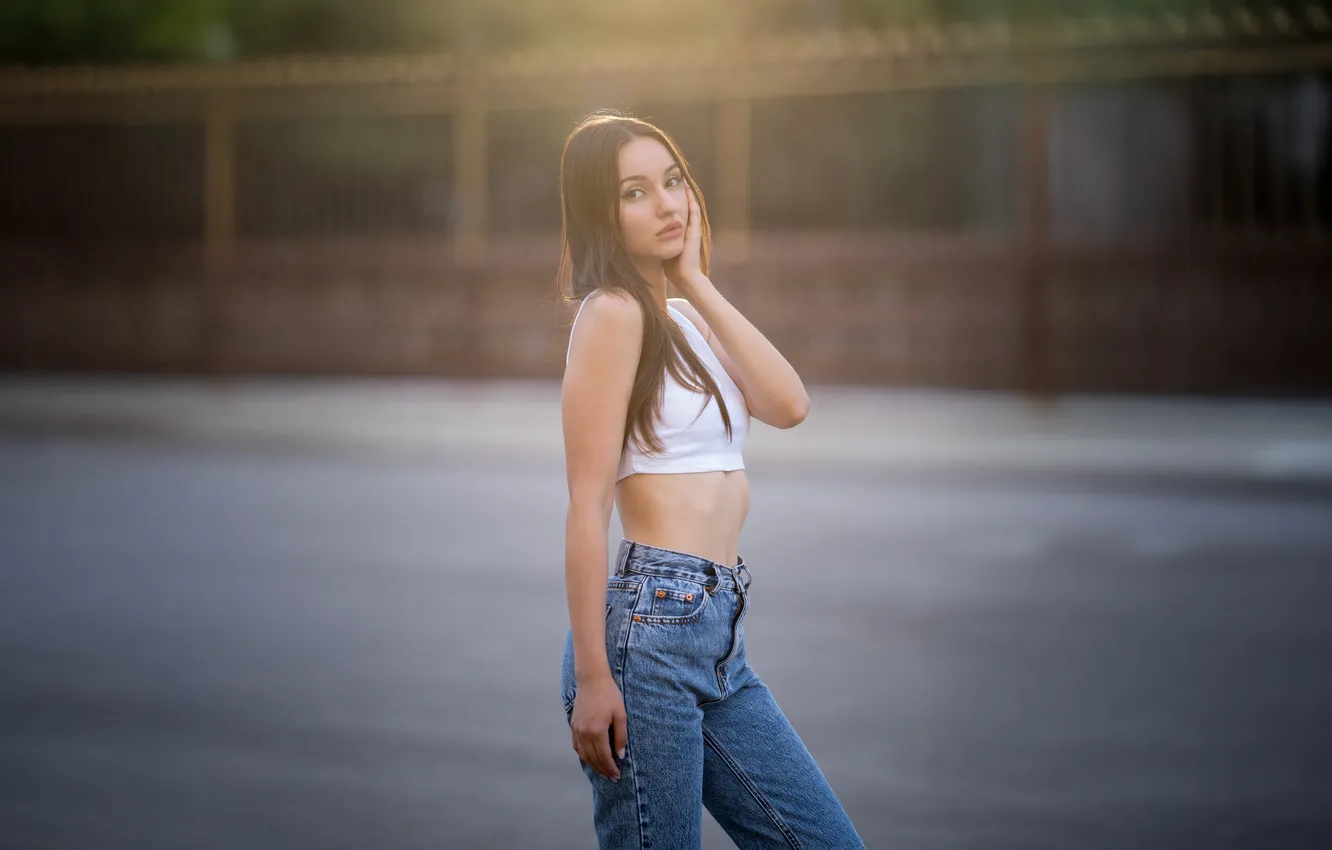 Photo wallpaper girl, beautiful, jeans, sweet, look, long-haired, tank top