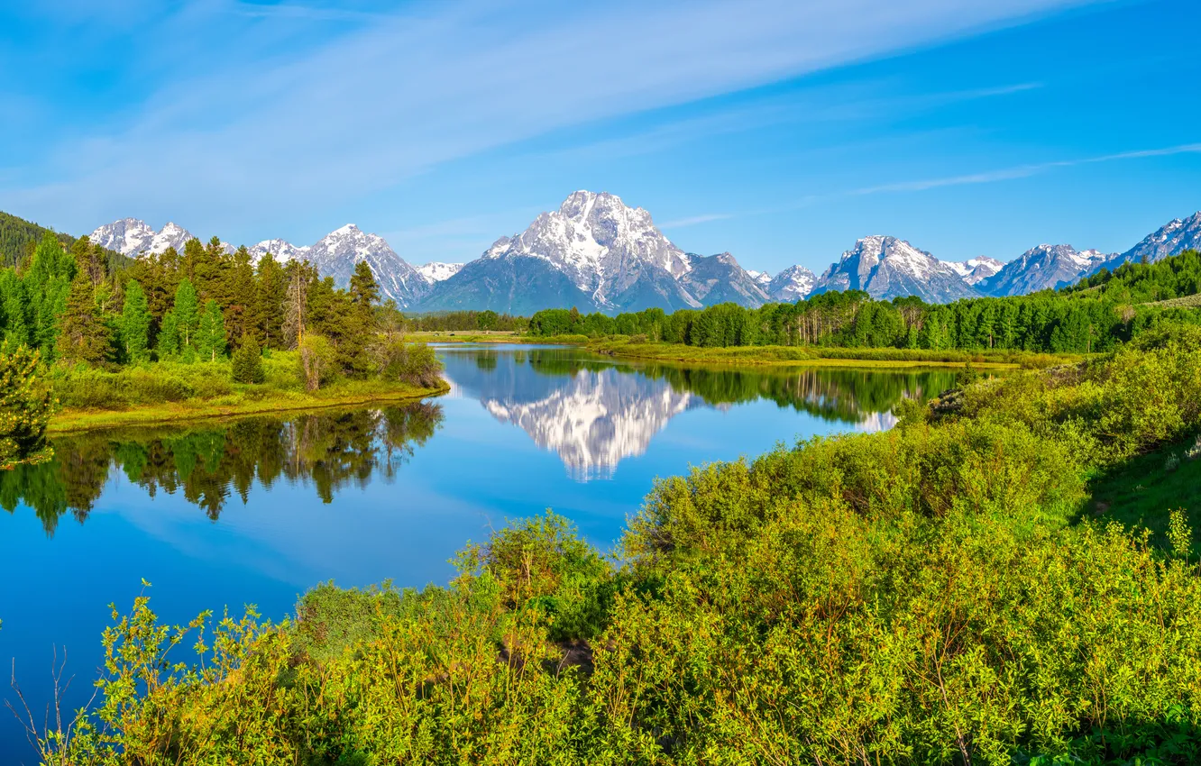 Photo wallpaper landscape, mountains, river, USA, Grand Teton National Park