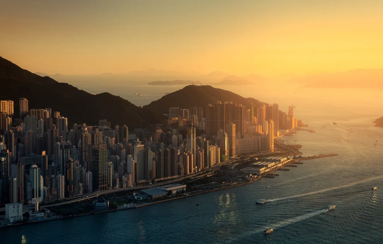 Photo wallpaper city, ocean, sunset, water, skyscraper, street, hills, Hong Kong