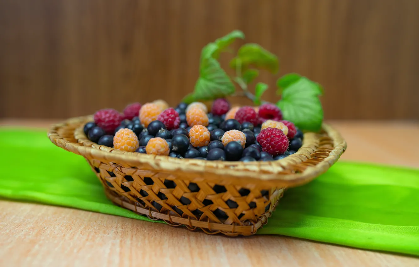 Photo wallpaper berries, raspberry, food, still life, basket, currants