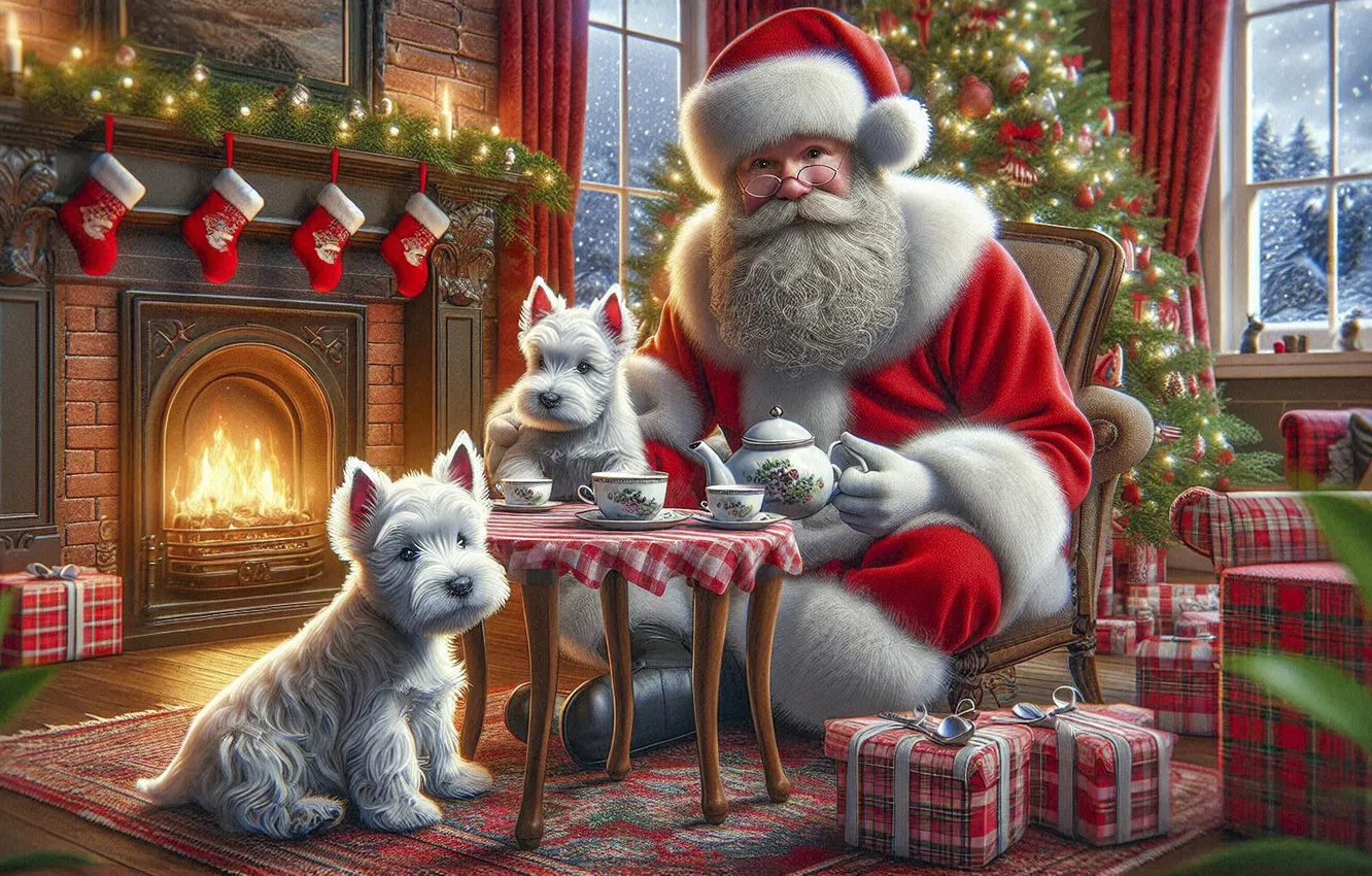 Photo wallpaper dogs, comfort, room, tea, new year, kettle, window, Christmas