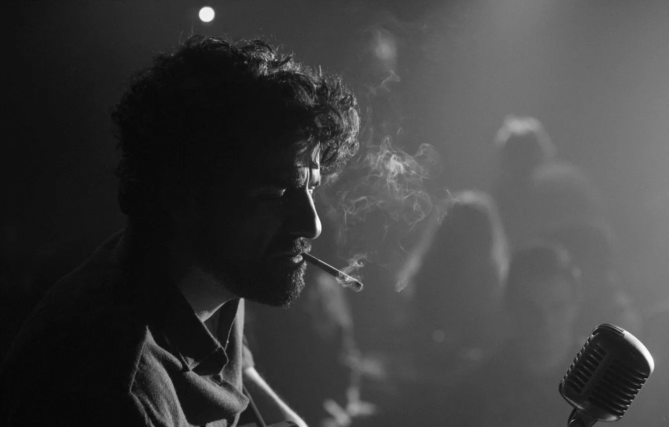 Photo wallpaper smoke, b/W, cigarette, curls, black and white, microphone, beard, twilight