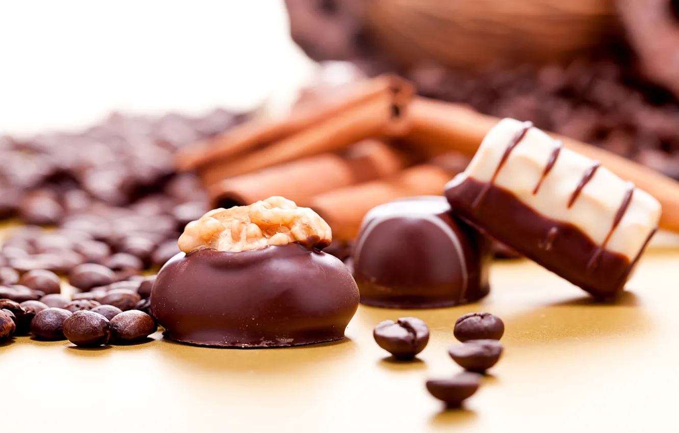 Photo wallpaper coffee, grain, candy, sweets, nuts, dessert, chocolate