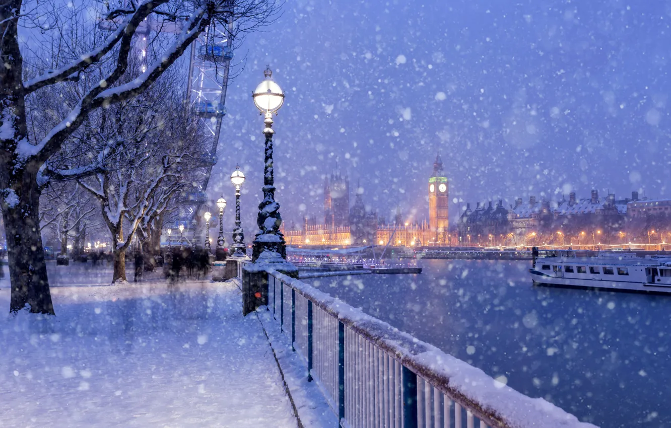 Photo wallpaper England, London, Winter, Trees, River, Snow, Promenade, Winter