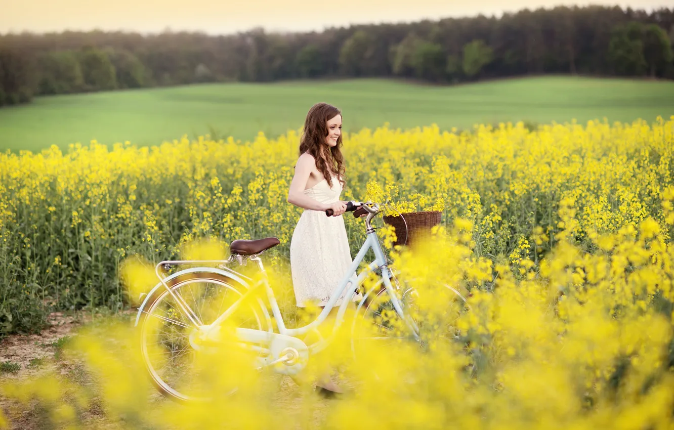 Photo wallpaper field, girl, joy, flowers, yellow, nature, bike, smile