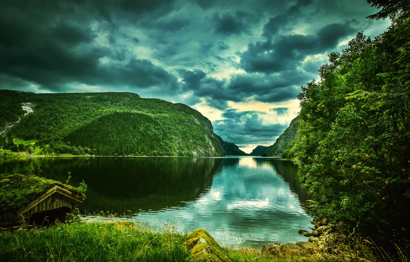 Photo wallpaper greens, clouds, trees, mountains, river, rocks, Norway, Rogaland